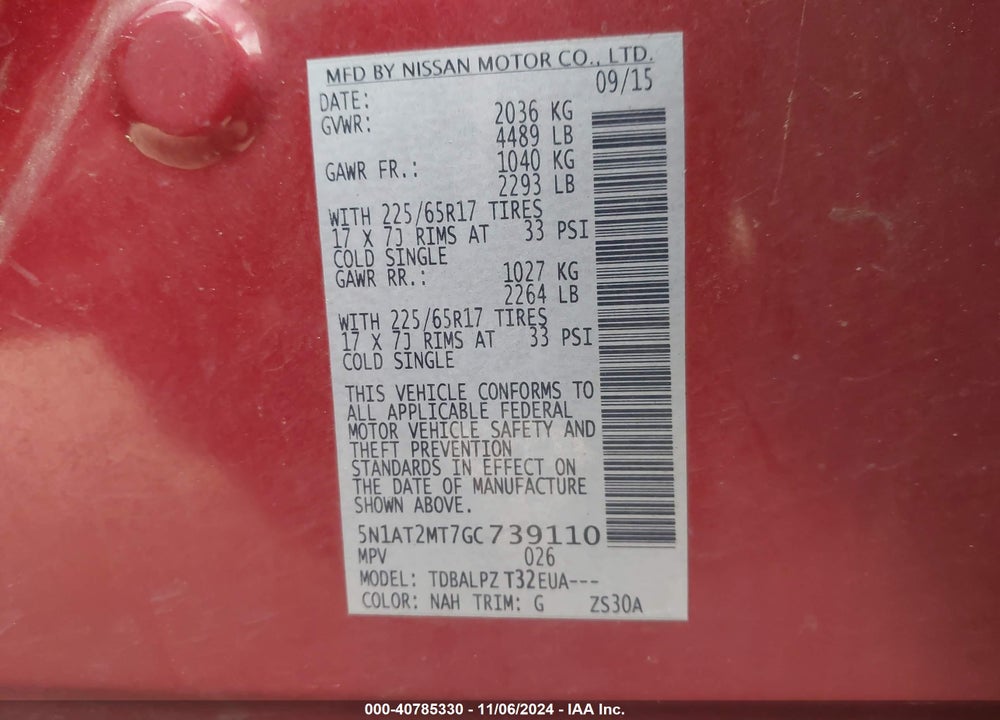 2016 NISSAN ROGUE VIN: 5N1AT2MT7GC739110