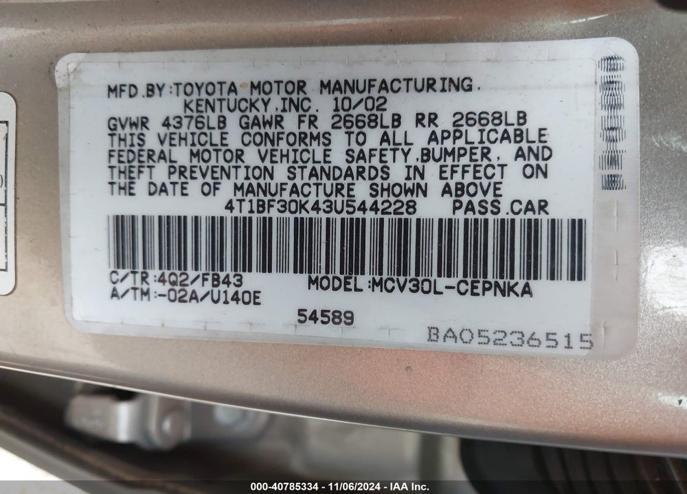 2003 TOYOTA CAMRY LE V6 VIN: 4T1BF30K43U544228