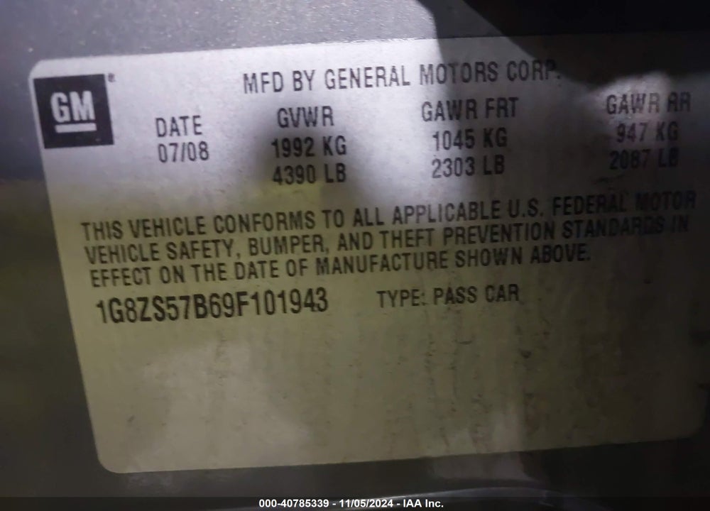 2009 SATURN AURA XE VIN: 1G8ZS57B69F101943