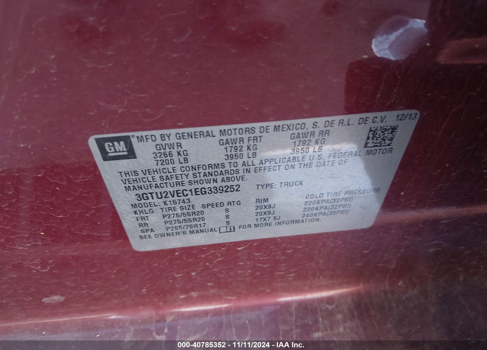 2014 GMC SIERRA 1500 SLT VIN: 3GTU2VEC1EG339252
