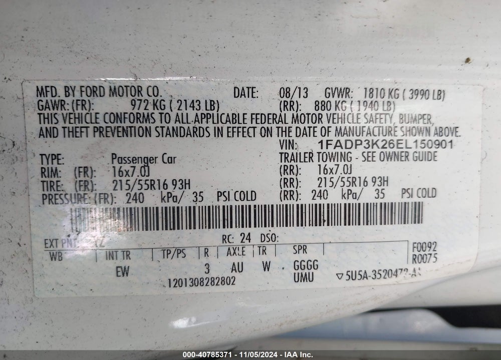 2014 FORD FOCUS SE VIN: 1FADP3K26EL150901