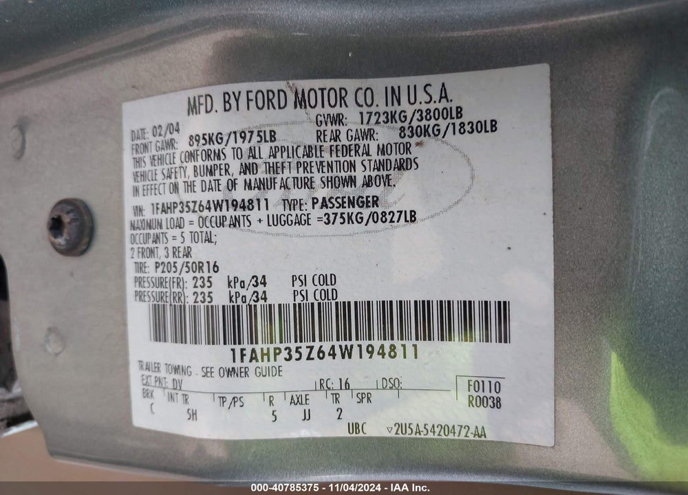 2004 FORD FOCUS ZTW VIN: 1FAHP35Z64W194811