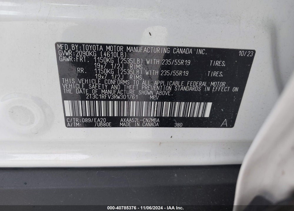 2024 TOYOTA RAV4 XLE PREMIUM VIN: 2T3C1RFV3RW301761
