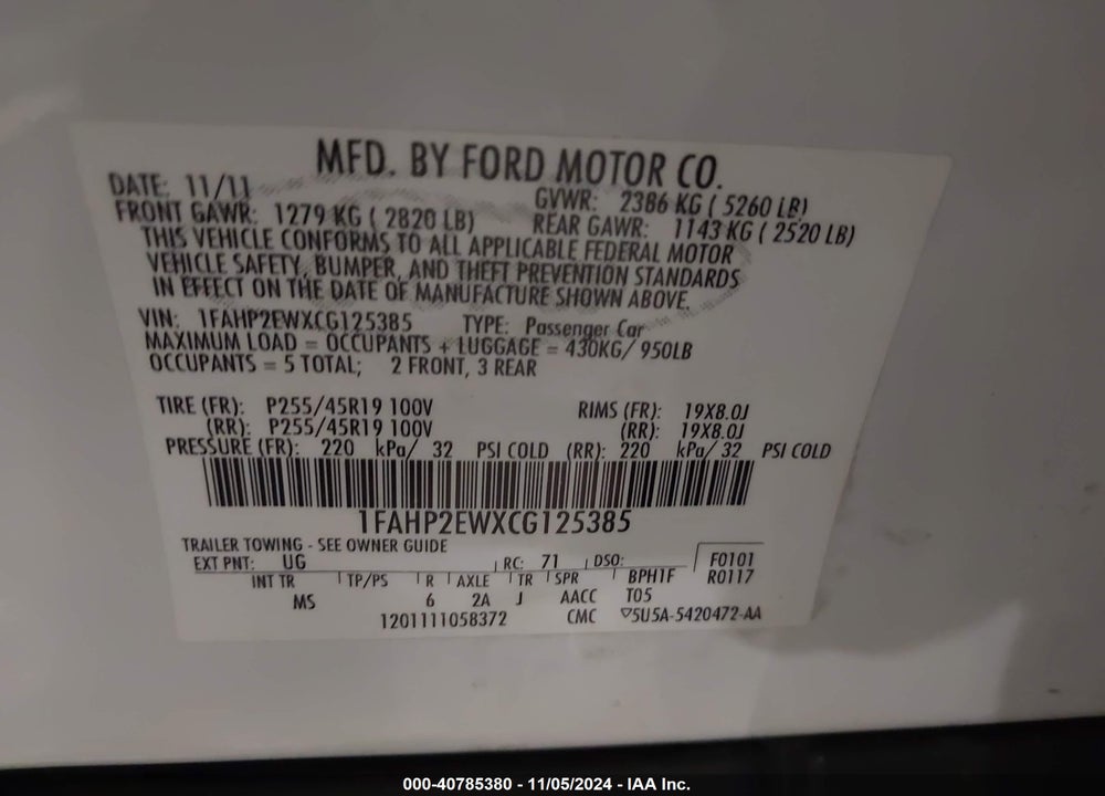 2012 FORD TAURUS SEL VIN: 1FAHP2EWXCG125385