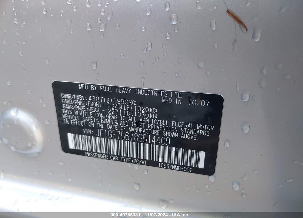 2008 SUBARU IMPREZA WRX VIN: JF1GE75678G514409