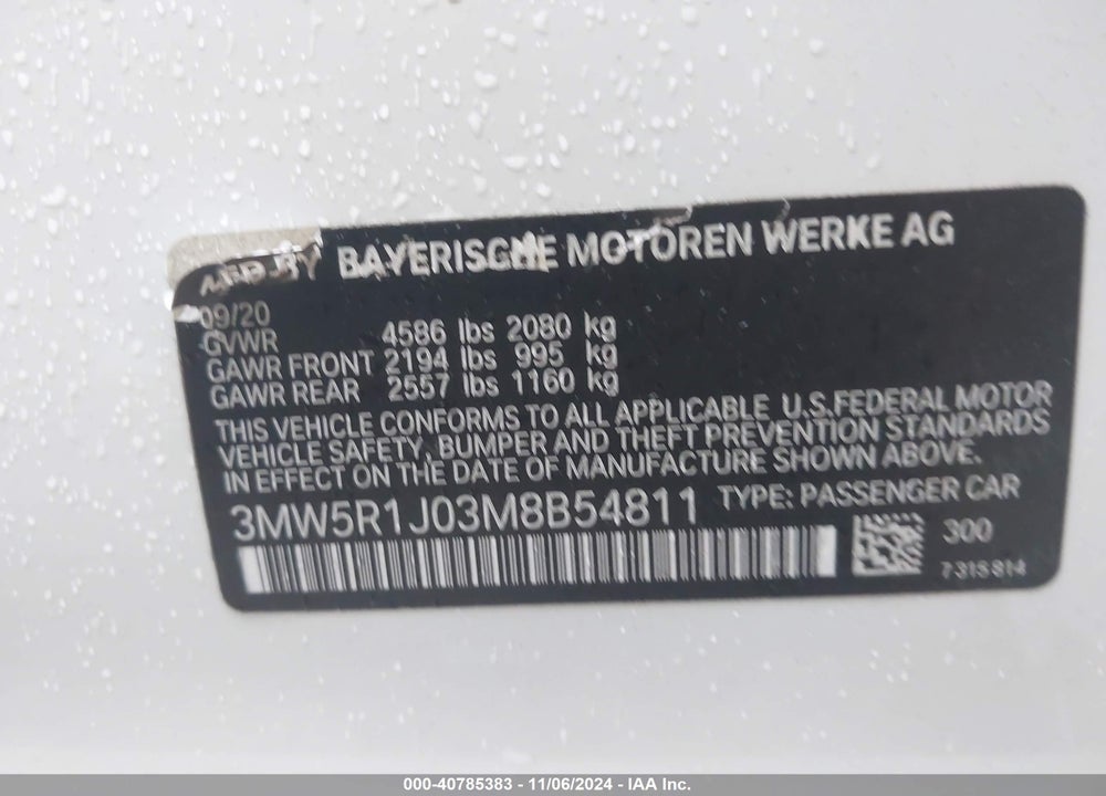 2021 BMW 330I VIN: 3MW5R1J03M8B54811