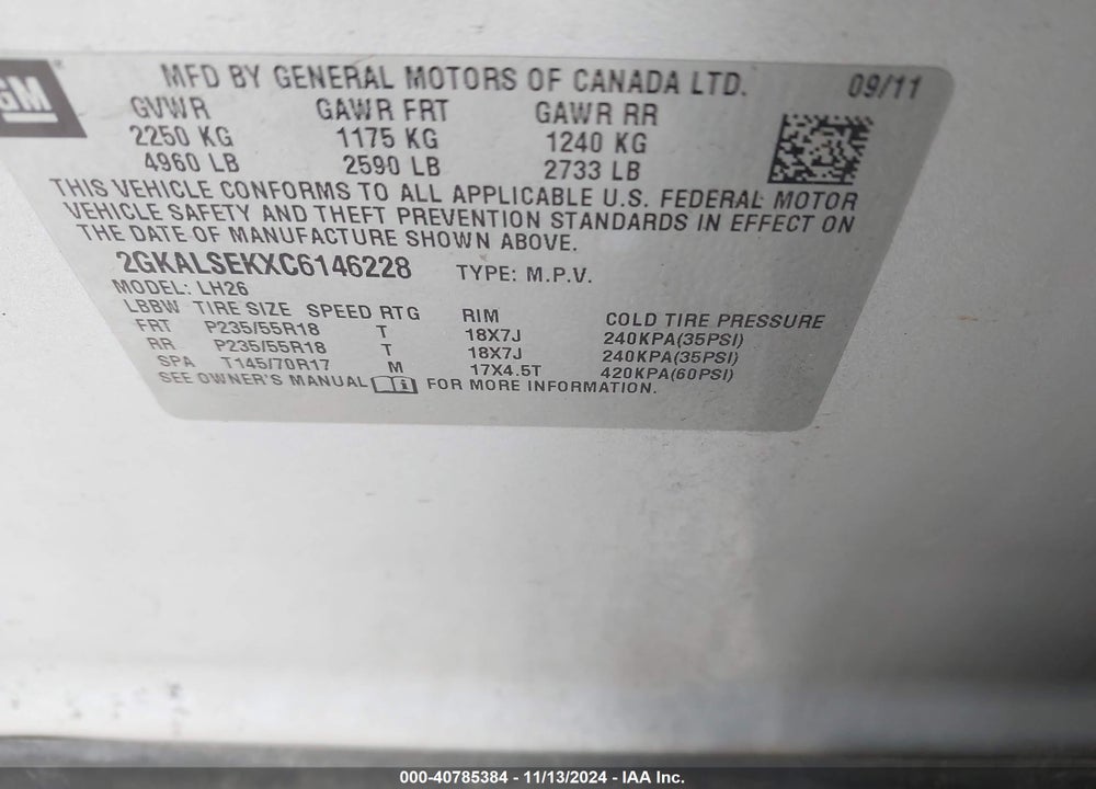 2012 GMC TERRAIN SLE-2 VIN: 2GKALSEKXC6146228