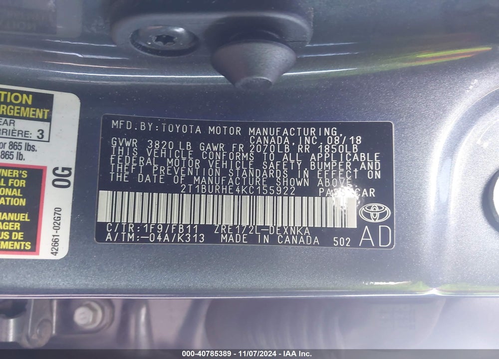 2019 TOYOTA COROLLA LE VIN: 2T1BURHE4KC155922