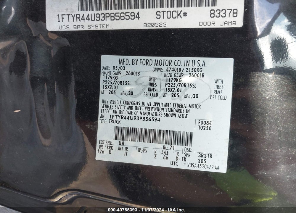 2003 FORD RANGER EDGE/TREMOR/XLT VIN: 1FTYR44U93PB56594