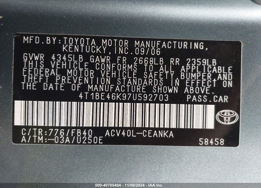 2007 TOYOTA CAMRY LE VIN: 4T1BE46K97U592703