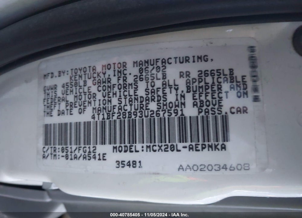 2003 TOYOTA AVALON XL VIN: 4T1BF28B93U267591