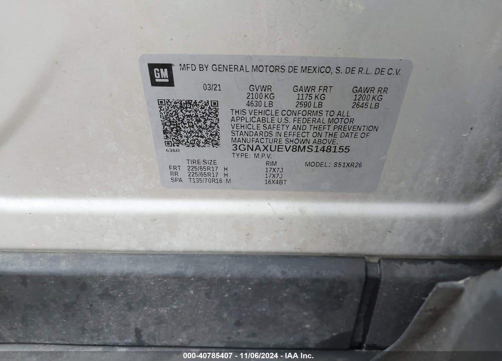 2021 CHEVROLET EQUINOX VIN: 3GNAXUEV8MS148155