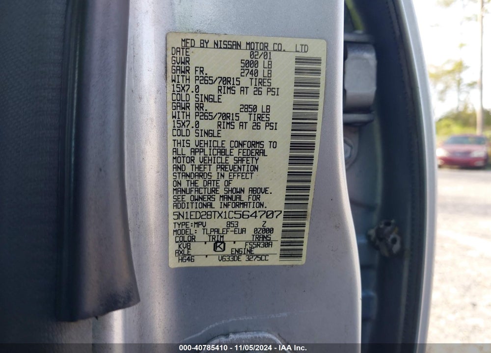 2001 NISSAN XTERRA XE-V6 VIN: 5N1ED28TX1C564707