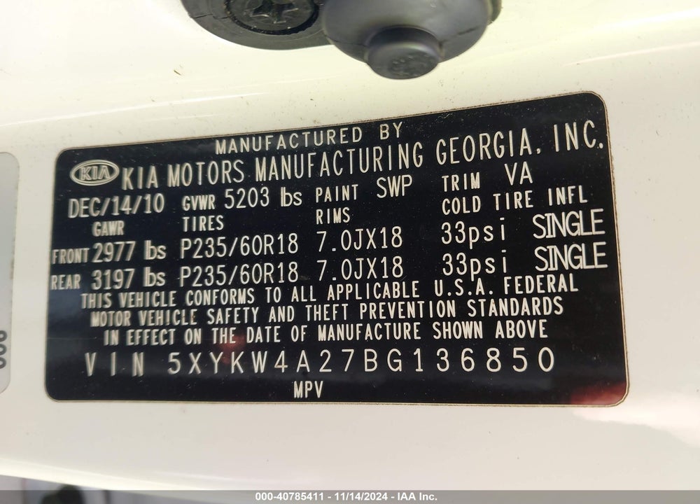 2011 KIA SORENTO SX V6 VIN: 5XYKW4A27BG136850