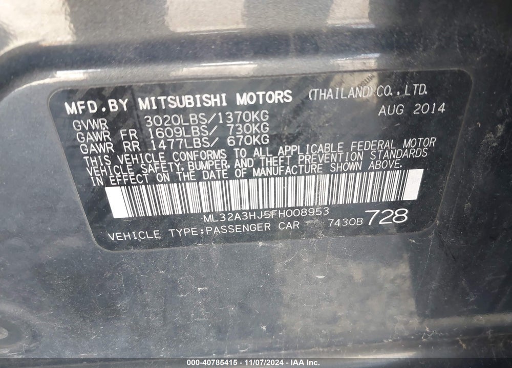 2015 MITSUBISHI MIRAGE DE/RF VIN: ML32A3HJ5FH008953