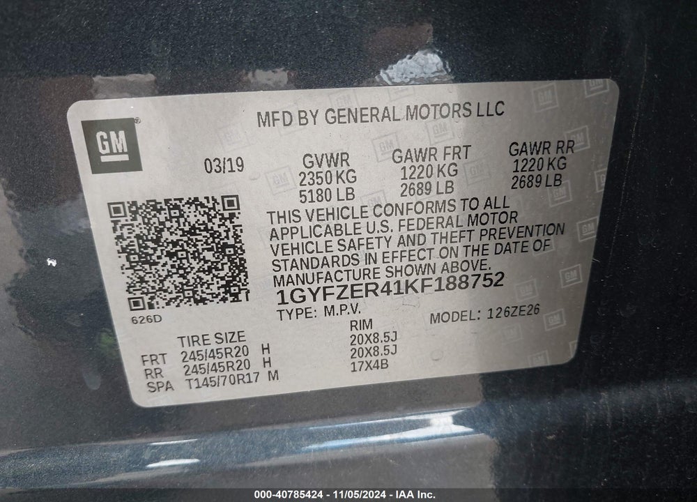 2019 CADILLAC XT4 SPORT VIN: 1GYFZER41KF188752