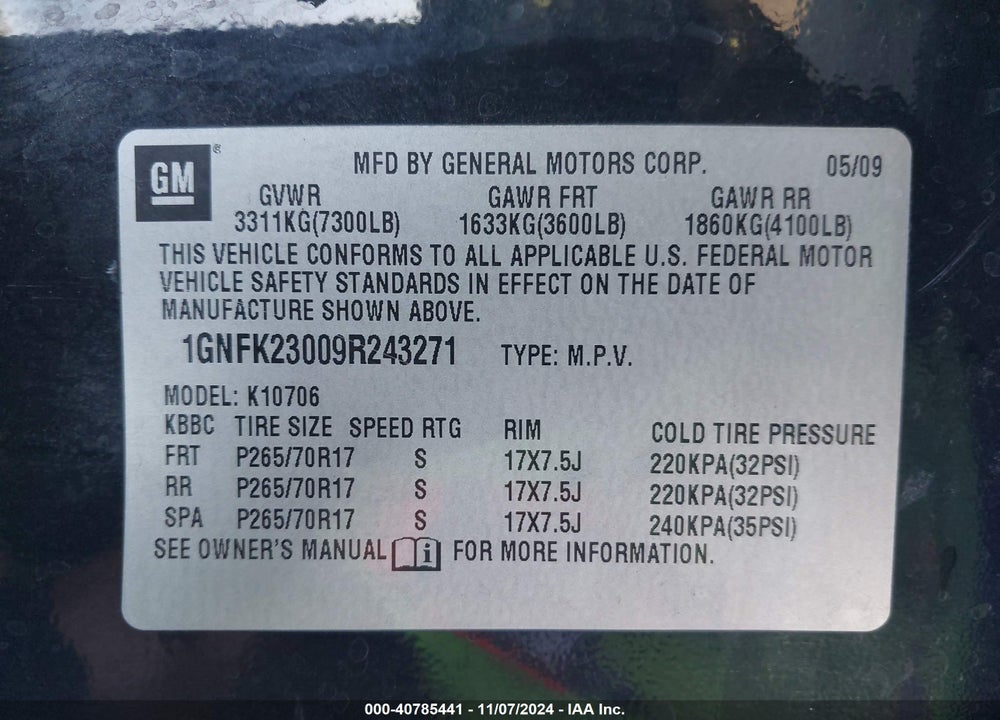 2009 CHEVROLET TAHOE LT1 VIN: 1GNFK23009R243271
