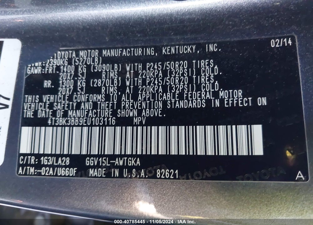 2014 TOYOTA VENZA XLE V6 VIN: 4T3BK3BB9EU103116