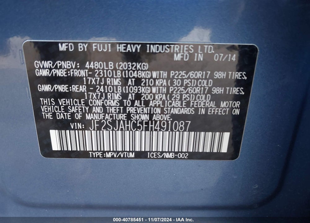 2015 SUBARU FORESTER 2.5I LIMITED VIN: JF2SJAHC5FH491087