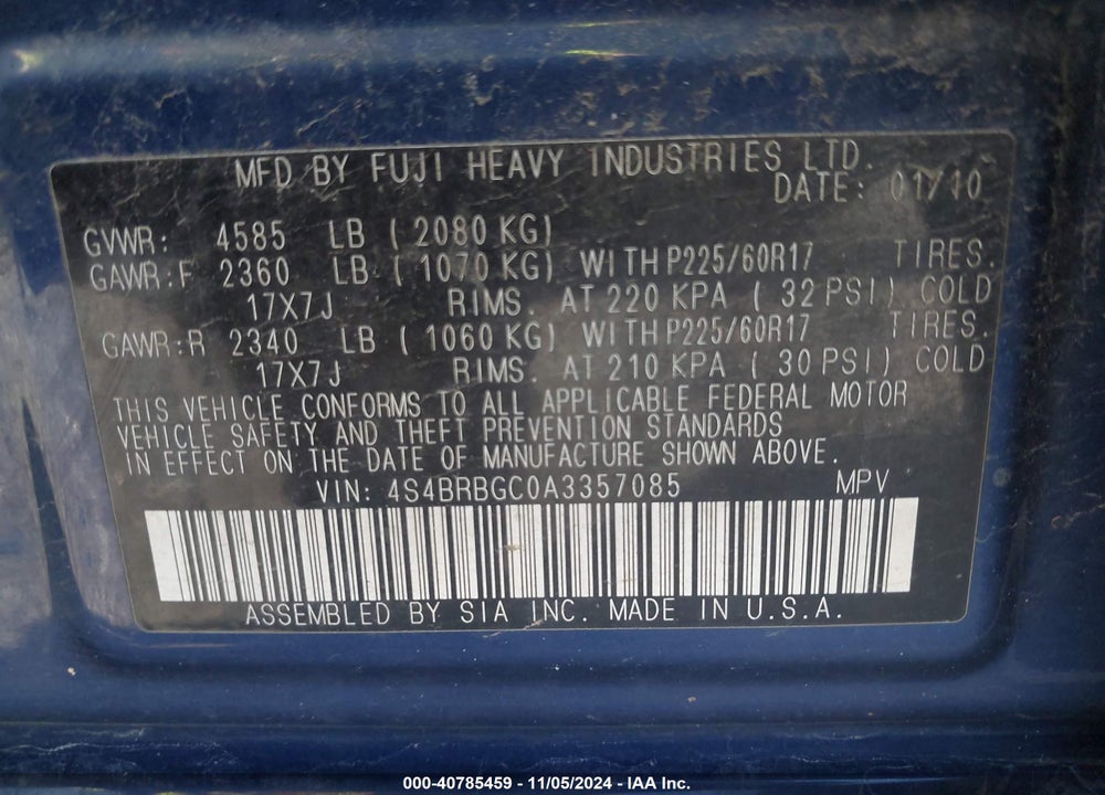 2010 SUBARU OUTBACK 2.5I PREMIUM VIN: 4S4BRBGC0A3357085
