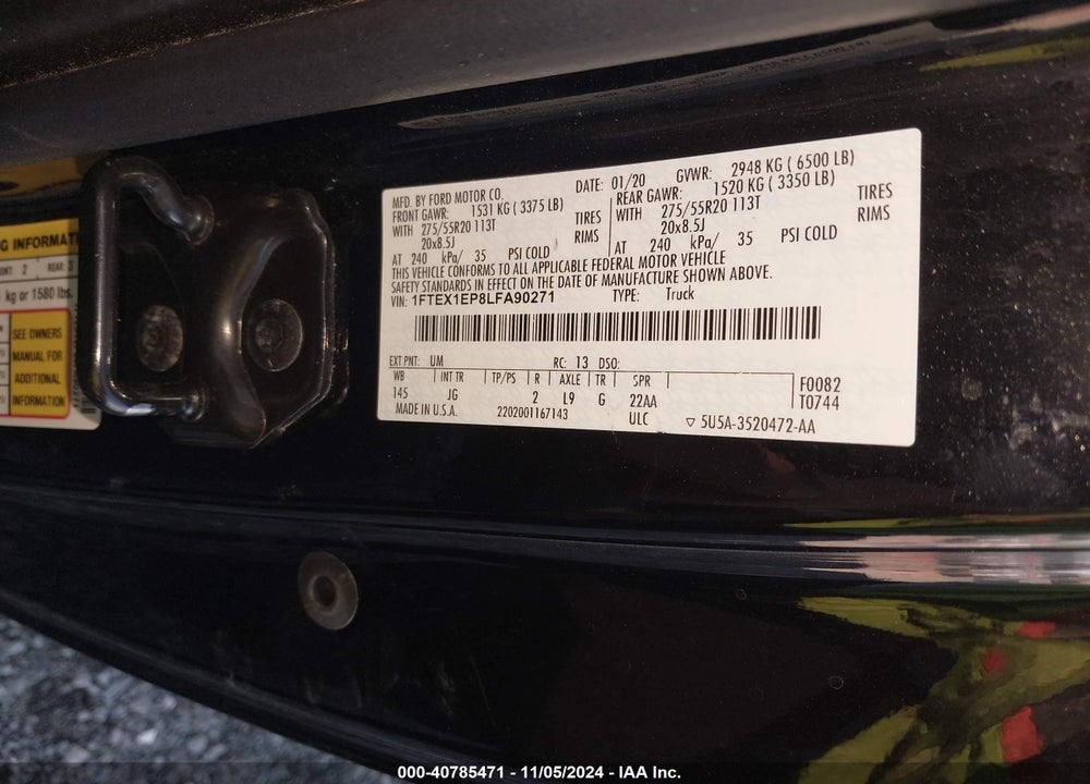 2020 FORD F-150 XL VIN: 1FTEX1EP8LFA90271
