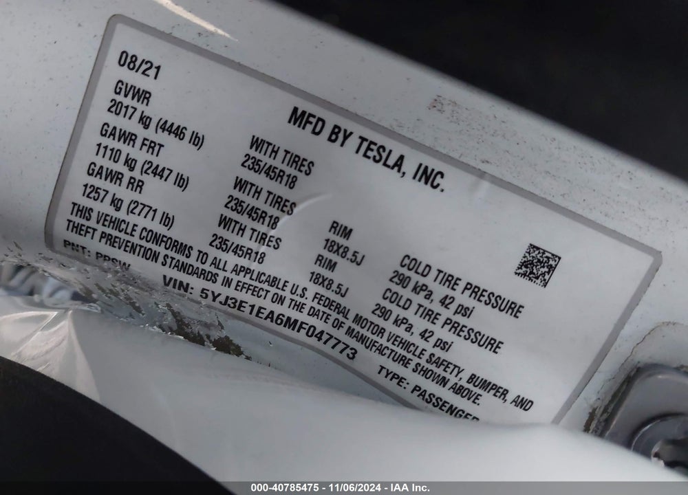 2021 TESLA MODEL 3 STANDARD RANGE PLUS REAR-WHEEL DRIVE VIN: 5YJ3E1EA6MF047773