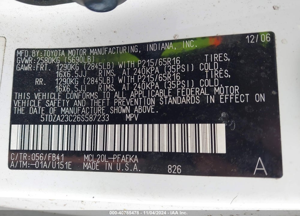 2006 TOYOTA SIENNA CE VIN: 5TDZA23C26S587233