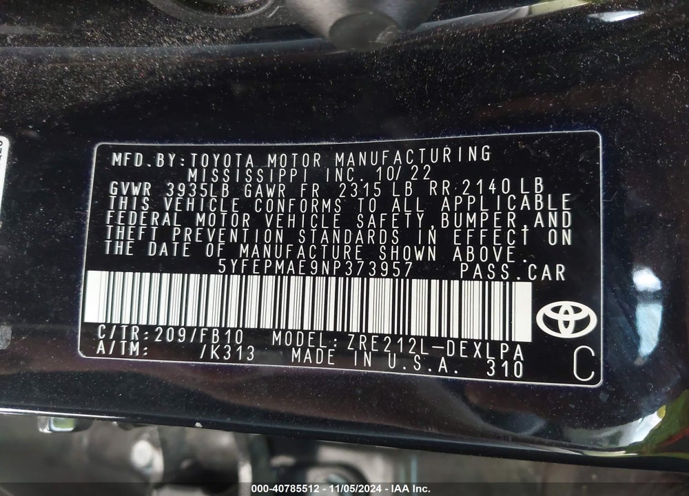 2022 TOYOTA COROLLA LE VIN: 5YFEPMAE9NP373957