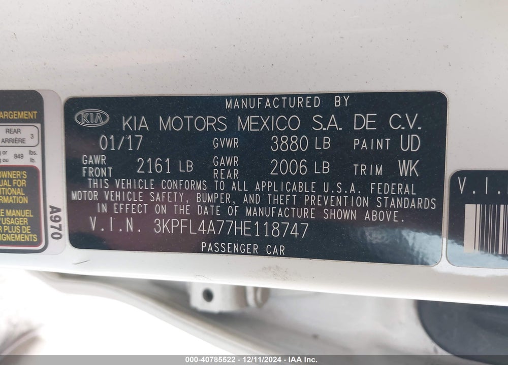 2017 KIA FORTE S VIN: 3KPFL4A77HE118747