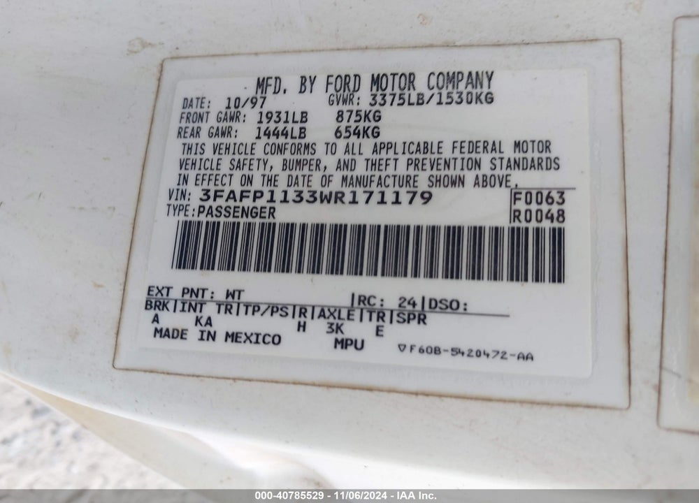 1998 FORD ESCORT ZX2 COOL/ZX2 HOT VIN: 3FAFP1133WR171179