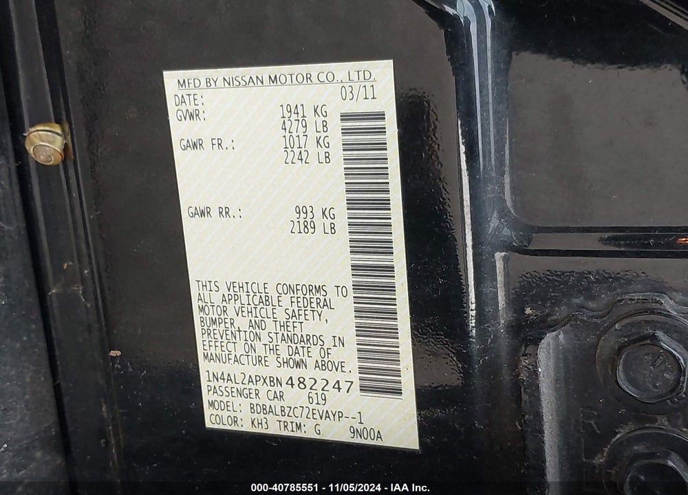 2011 NISSAN ALTIMA 2.5 S VIN: 1N4AL2APXBN482247