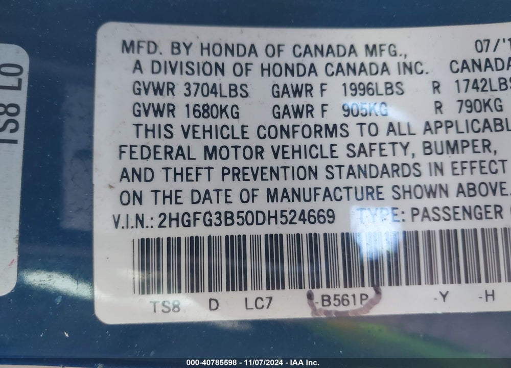 2013 HONDA CIVIC LX VIN: 2HGFG3B50DH524669