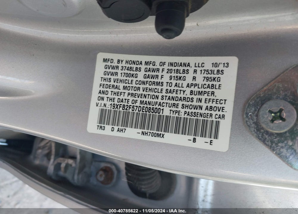 2013 HONDA CIVIC LX VIN: 19XFB2F57DE085001