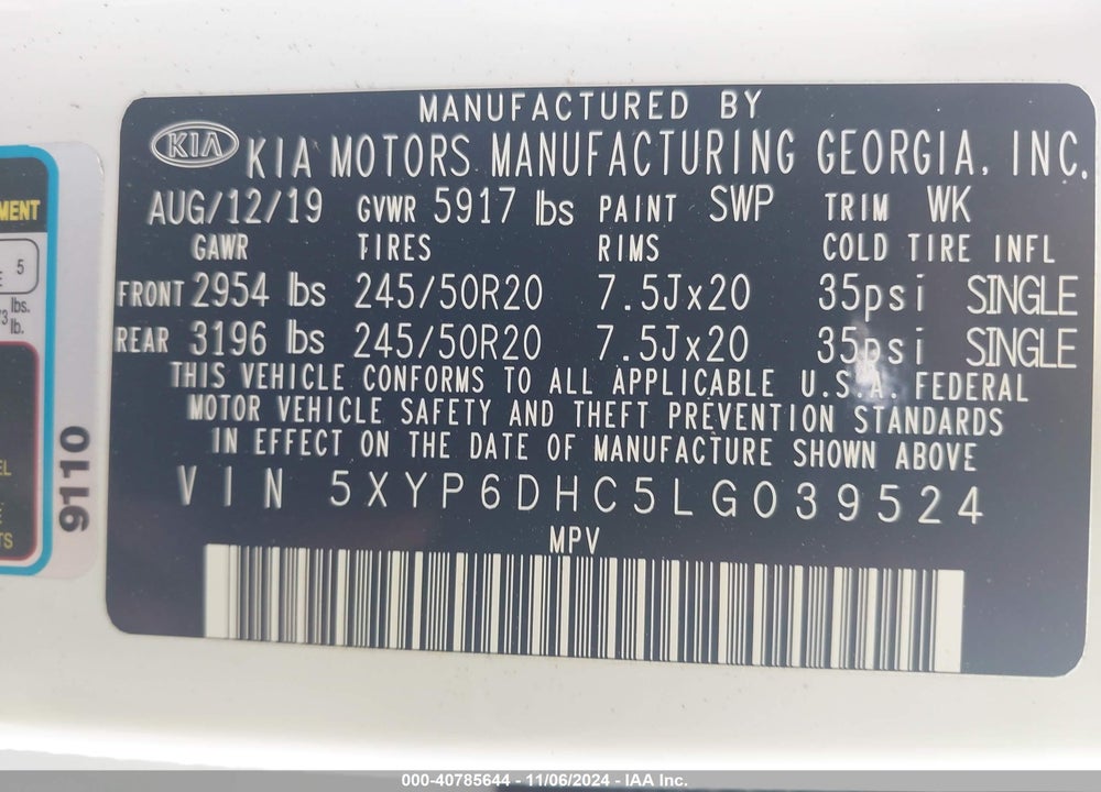 2020 KIA TELLURIDE S VIN: 5XYP6DHC5LG039524