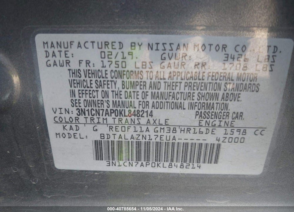2019 NISSAN VERSA 1.6 S+ VIN: 3N1CN7AP0KL848214