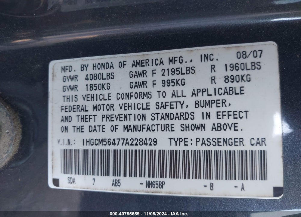 2007 HONDA ACCORD 2.4 LX VIN: 1HGCM56477A228429
