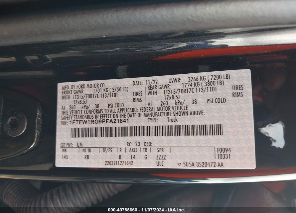 2023 FORD F-150 RAPTOR VIN: 1FTFW1RG9PFA21841