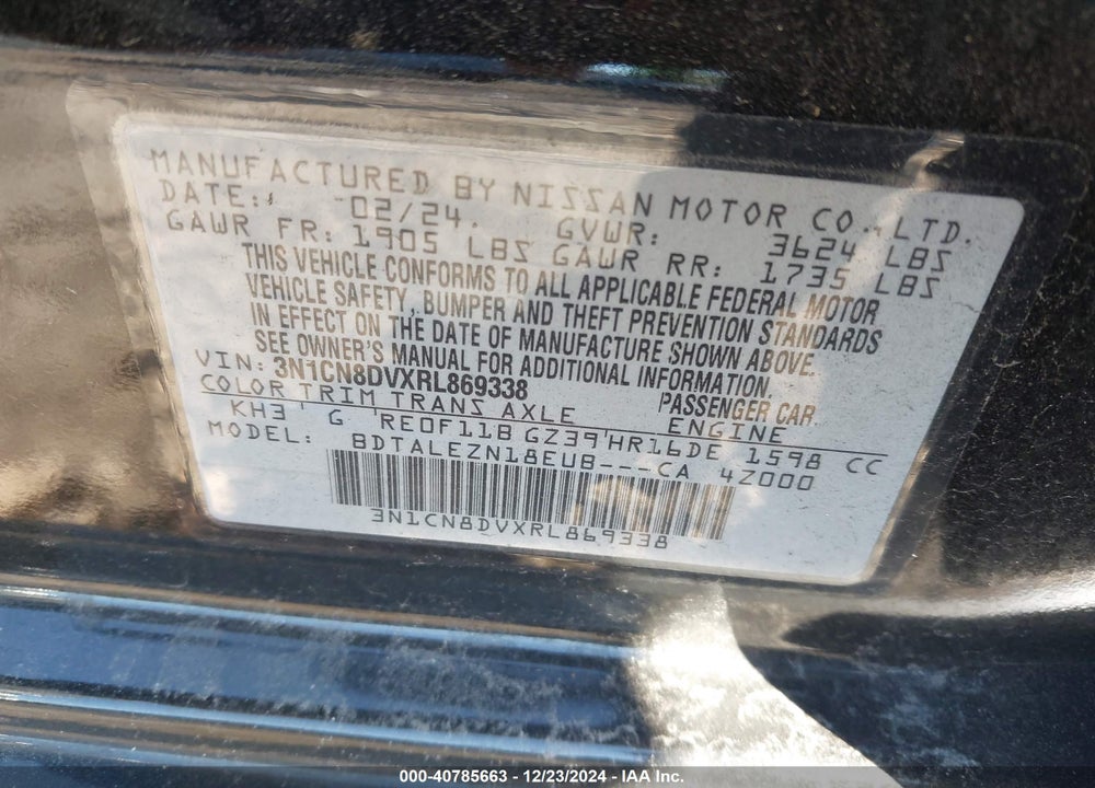 2024 NISSAN VERSA 1.6 S+ VIN: 3N1CN8DVXRL869338