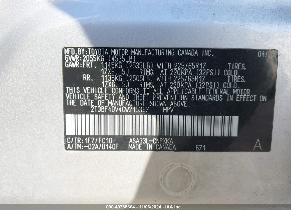 2012 TOYOTA RAV4 VIN: 2T3BF4DV4CW215367