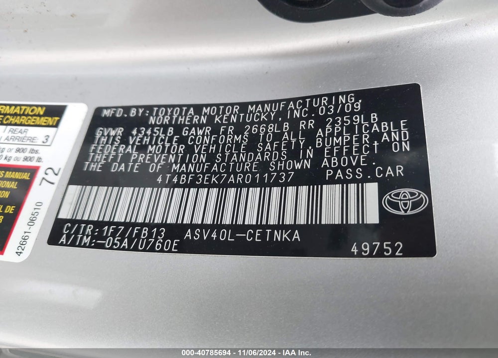 2010 TOYOTA CAMRY LE VIN: 4T4BF3EK7AR011737