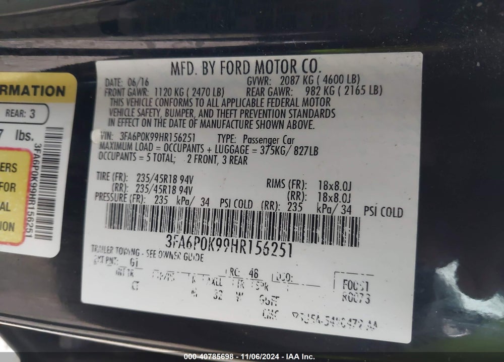 2017 FORD FUSION TITANIUM VIN: 3FA6P0K99HR156251