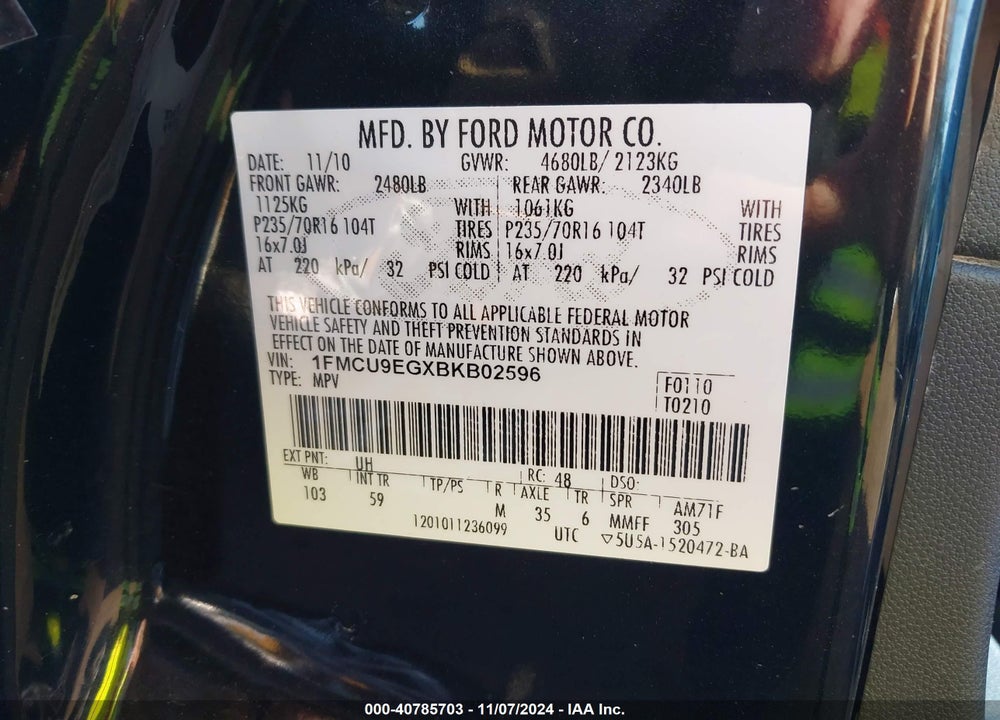 2011 FORD ESCAPE LIMITED VIN: 1FMCU9EGXBKB02596