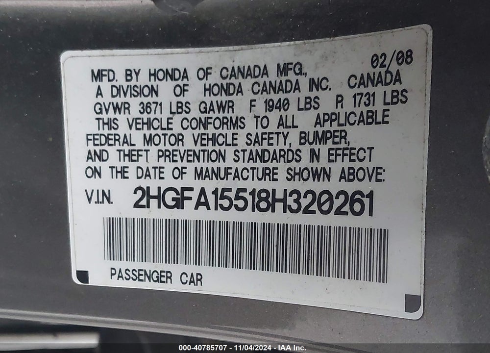 2008 HONDA CIVIC LX VIN: 2HGFA15518H320261