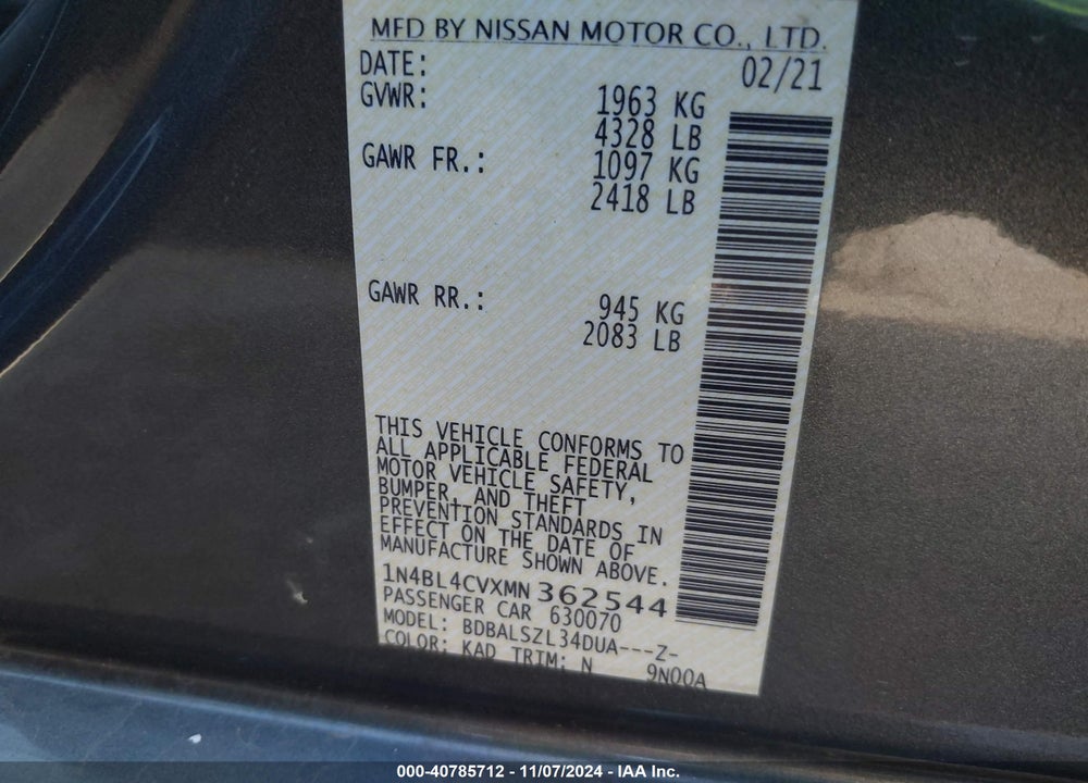 2021 NISSAN ALTIMA SR FWD VIN: 1N4BL4CVXMN362544
