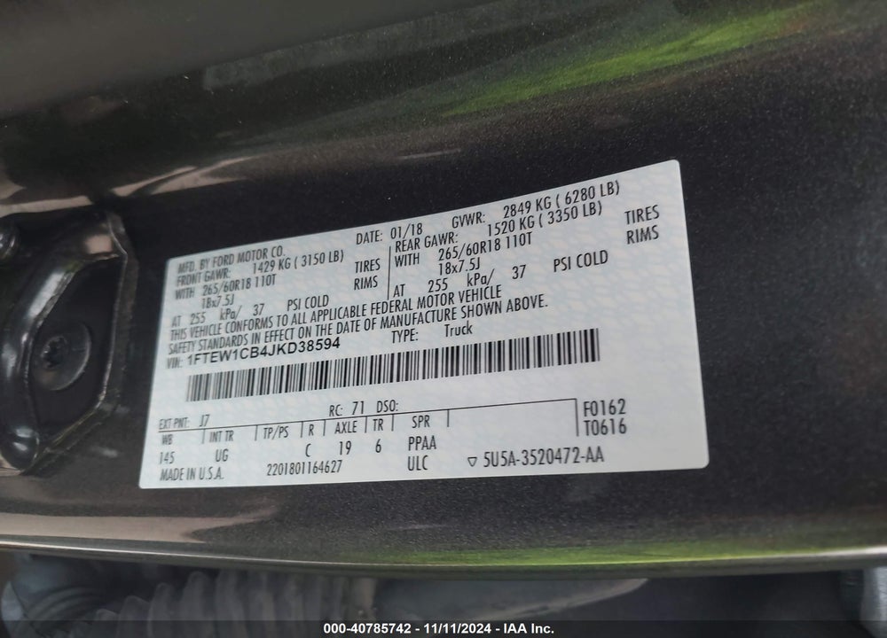 2018 FORD F-150 VIN: 1FTEW1CB4JKD38594