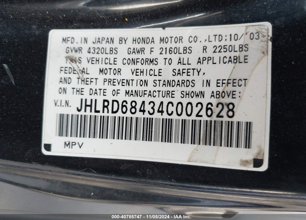 2004 HONDA CR-V LX VIN: JHLRD68434C002628