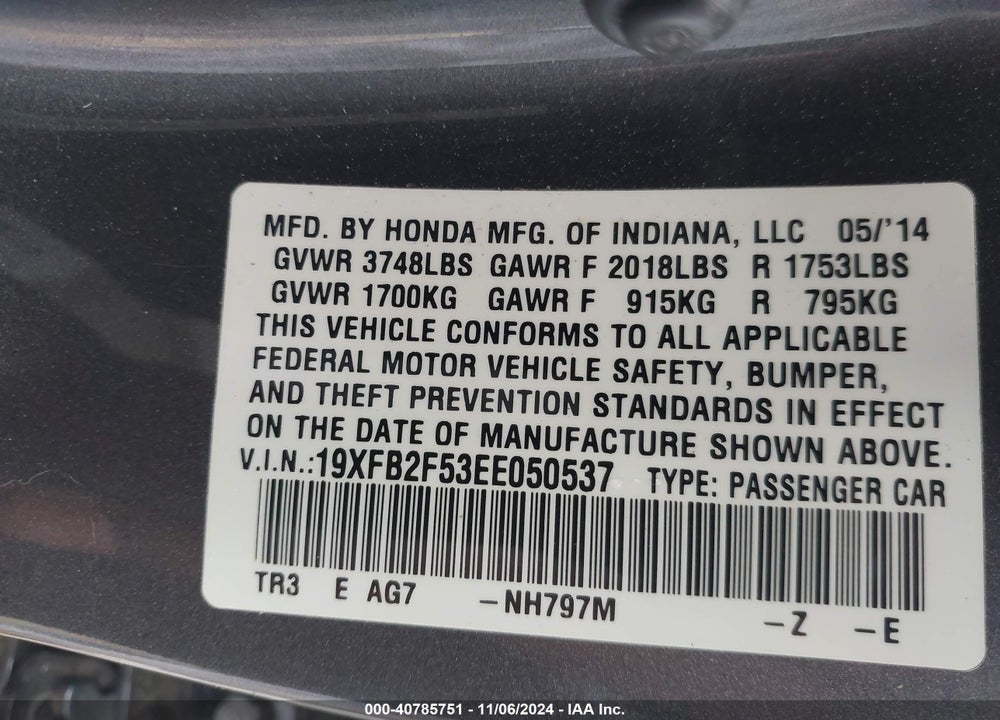 2014 HONDA CIVIC LX VIN: 19XFB2F53EE050537