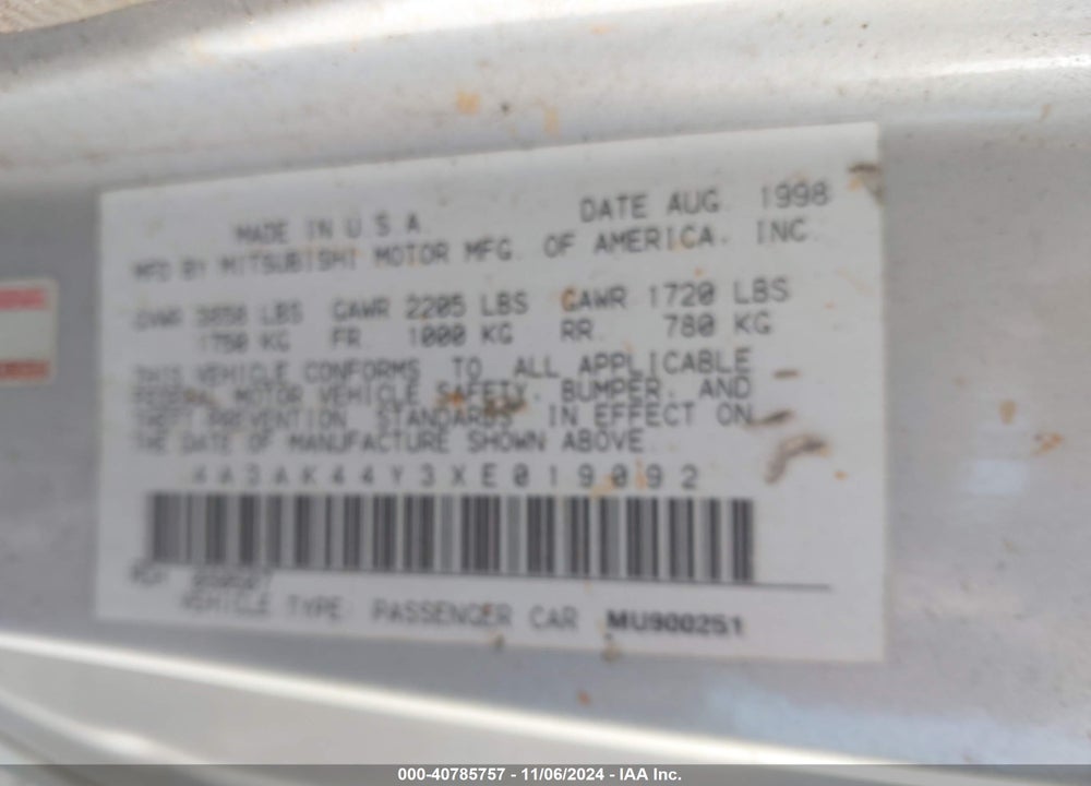 1999 MITSUBISHI ECLIPSE GS VIN: 4A3AK44Y3XE019092