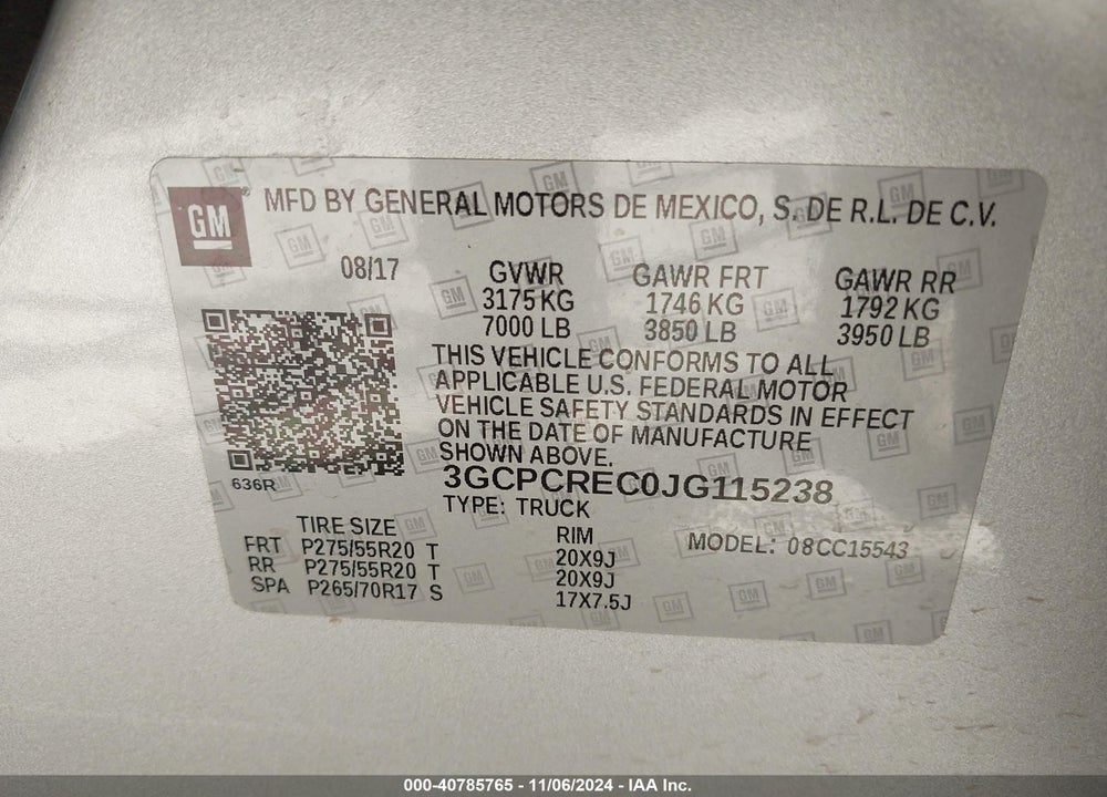 2018 CHEVROLET SILVERADO 1500 1LT VIN: 3GCPCREC0JG115238