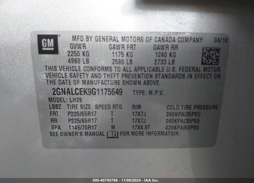 2016 CHEVROLET EQUINOX LT VIN: 2GNALCEK9G1175649